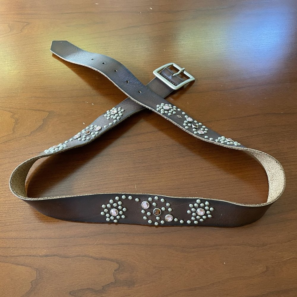 Brown Genuine Leather Belt with Silver Studded